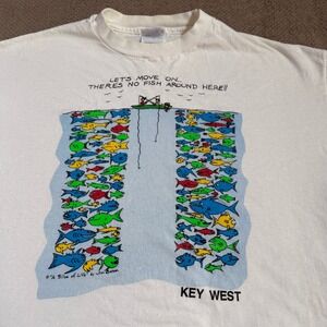 Vintage 1990s Hanes Beefy-T Key West Fishing Graphic T-Shirt XL White Jim Benson